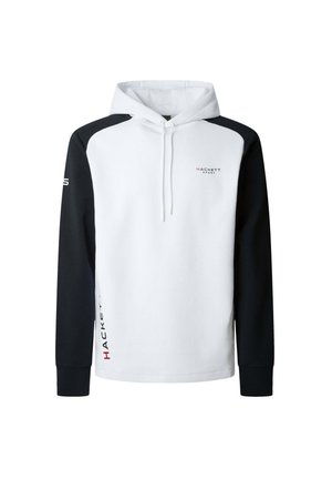 Mikina s kapucňou v bielej a čiernej farbe. Obsahuje šnúrku na sťahovanie a rebrované manžety. Logo "HACKETT SPORT" na hrudi a na boku v červenej farbe.