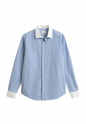 Blauw-wit gestreept overhemd met lange mouwen, verticale strepen, contrasterende witte kraag en manchetten, knoopsluiting aan de voorkant en een getailleerde pasvorm.
