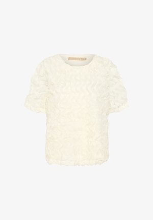 Witte top van geweven stof met een gerimpeld ontwerp. Het heeft een ronde halslijn en korte puffmouwen, wat volume aan de schuilvorm toevoegt.