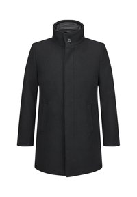 Schwarzer Wollmantel mit hohem Kragen, Knopfverschluss und zwei vorderen Taschen; gerader Schnitt und strukturierte Oberfläche.