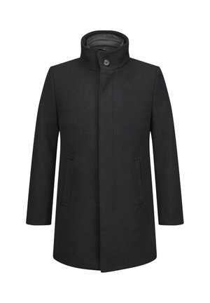 Schwarzer Wollmantel mit hohem Kragen, Knopfverschluss und zwei vorderen Taschen; gerader Schnitt und strukturierte Oberfläche.