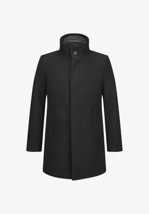 Schwarzer Wollmantel mit hohem Kragen, Knopfverschluss und zwei vorderen Taschen; gerader Schnitt und strukturierte Oberfläche.