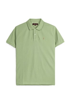 Polo verde chiaro a maniche corte con due bottoni e piccolo logo ricamato sul petto sinistro, disteso su uno sfondo bianco.