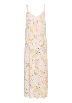 Vestido maxi floral con tirantes finos, con un fondo pastel claro y coloridos patrones botánicos en amarillo, naranja y azul.