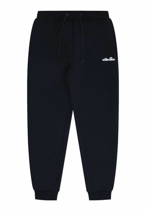 Pantalones de chándal azul marino hechos de una tela suave, con una cintura elástica y cordón, puños acanalados y un pequeño logo blanco.