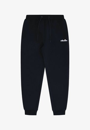 Pantalones de chándal azul marino hechos de una tela suave, con una cintura elástica y cordón, puños acanalados y un pequeño logo blanco.