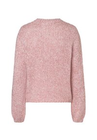 Rosa gestrickter Pullover mit weichem, strukturiertem Finish, cropped Design und langen, leicht puffigen Ärmeln. Runder Ausschnitt hinten.