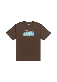 Bruine katoenen t-shirt met een multicolore grafische print met gestileerde tekst en speelse paddesigns op de voorkant. Korte mouwen.