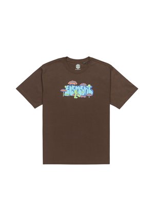 Brown cotton t-shirt featuring a multicolored graphic print with stylized text and whimsical mushroom designs on the front. Short sleeves.