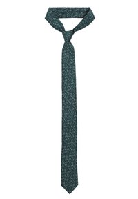 Szara krawat w wzory, o szczupłym fasonie, z powtarzającym się subtelnym białym motywem liści, wykonany z gładkiego materiału. Kończy się spiczastym końcem.
