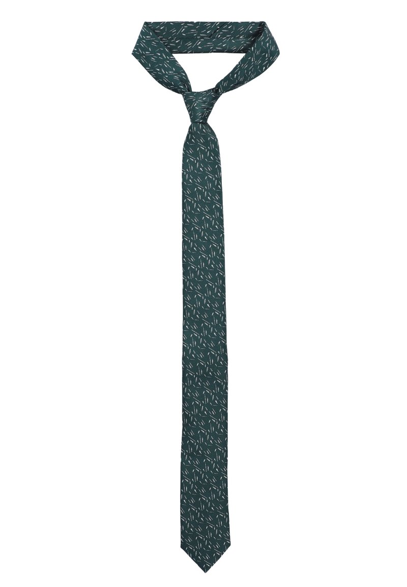 Szara krawat w wzory, o szczupłym fasonie, z powtarzającym się subtelnym białym motywem liści, wykonany z gładkiego materiału. Kończy się spiczastym końcem.