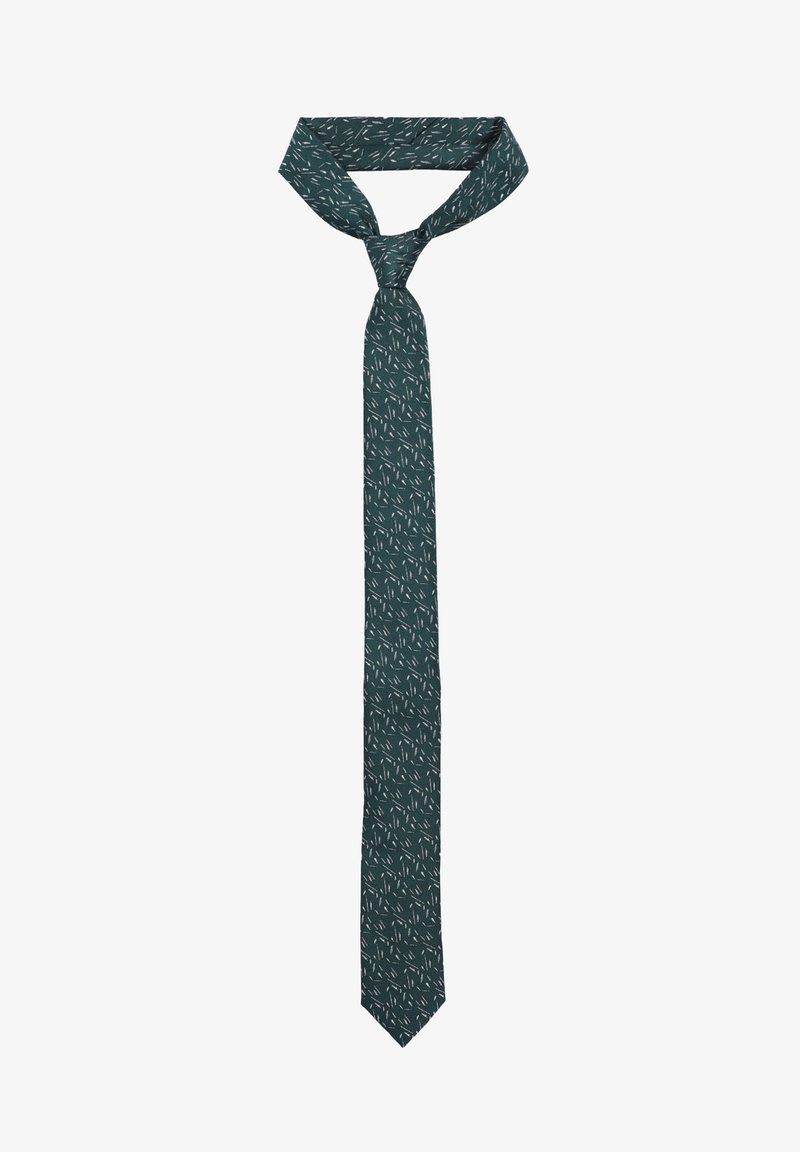 Szara krawat w wzory, o szczupłym fasonie, z powtarzającym się subtelnym białym motywem liści, wykonany z gładkiego materiału. Kończy się spiczastym końcem.