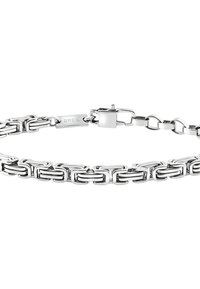 Bracelet en chaîne en argent avec des maillons rectangulaires au fini poli. Fermeture à clip avec une petite étiquette gravée "BREIL". Texture lisse et brillante.