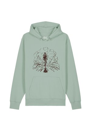 Hellgrünes Kapuzensweatshirt mit Fronttasche und schwarzer Linienzeichnung eines Radfahrers, der auf Berge unter Wolken zufährt.