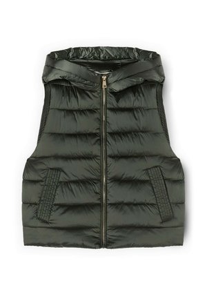Donkergroene mouwloze gewatteerde bodywarmer met capuchon, ritssluiting aan de voorkant en twee schuine voorzakken.