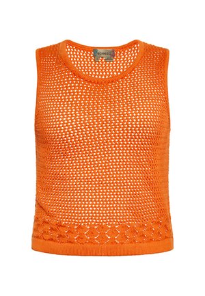 Oranssi hihaton neulepaita, jossa on teksturoitu, avonainen kudontakuvio ja vartalonmyötäinen pyöreä pääntie. Viimeistelty kudotulla trimminä helman kohdalla.