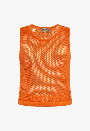 Orange ärmelloses Strickoberteil mit einem strukturierten, offenen Webmuster und geripptem Rundhalsausschnitt. Mit einem gewebten Abschluss am Saum versehen.