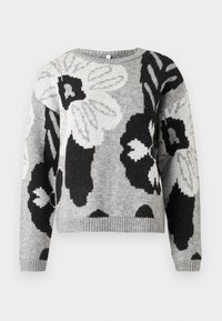 Maglione lavorato a maglia grigio con un motivo floreale nei toni del nero e del bianco. Collo rotondo, orlo e polsini a coste, vestibilità comoda.