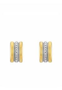 Pendientes de aro de oro y plata con un diseño suave, con una banda de cristales claros en el centro. Superficie pulida y reflectante.