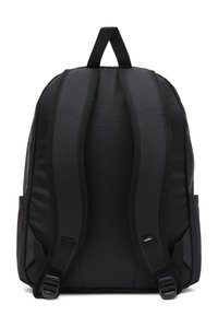 Zaino nero con spallacci imbottiti, manico robusto e tasche laterali esterne. Realizzato in tessuto durevole con una superficie liscia.