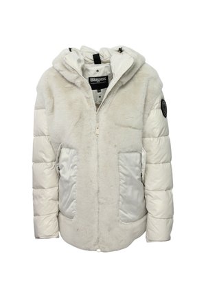 Giacca imbottita bianca con fronte in pelliccia a trama e maniche in tessuto liscio. Presenta un cappuccio, chiusura con zip e dettagli in patch sulla manica.