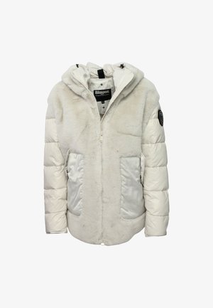 Giacca imbottita bianca con fronte in pelliccia a trama e maniche in tessuto liscio. Presenta un cappuccio, chiusura con zip e dettagli in patch sulla manica.