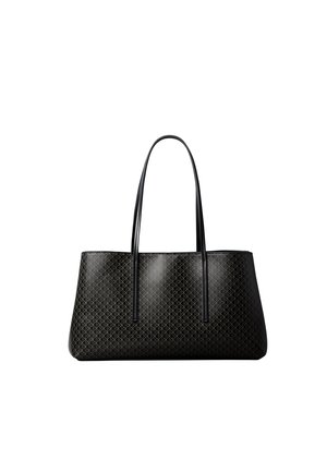 Borsa tote rettangolare nera con manici lunghi e motivo geometrico sottile su superficie liscia in pelle su sfondo bianco.