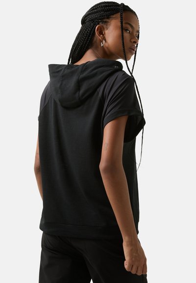 Black hooded sweatshirt with short sleeves, smooth texture, and a relaxed fit. Features a distinctive back design and subtle branding detail.