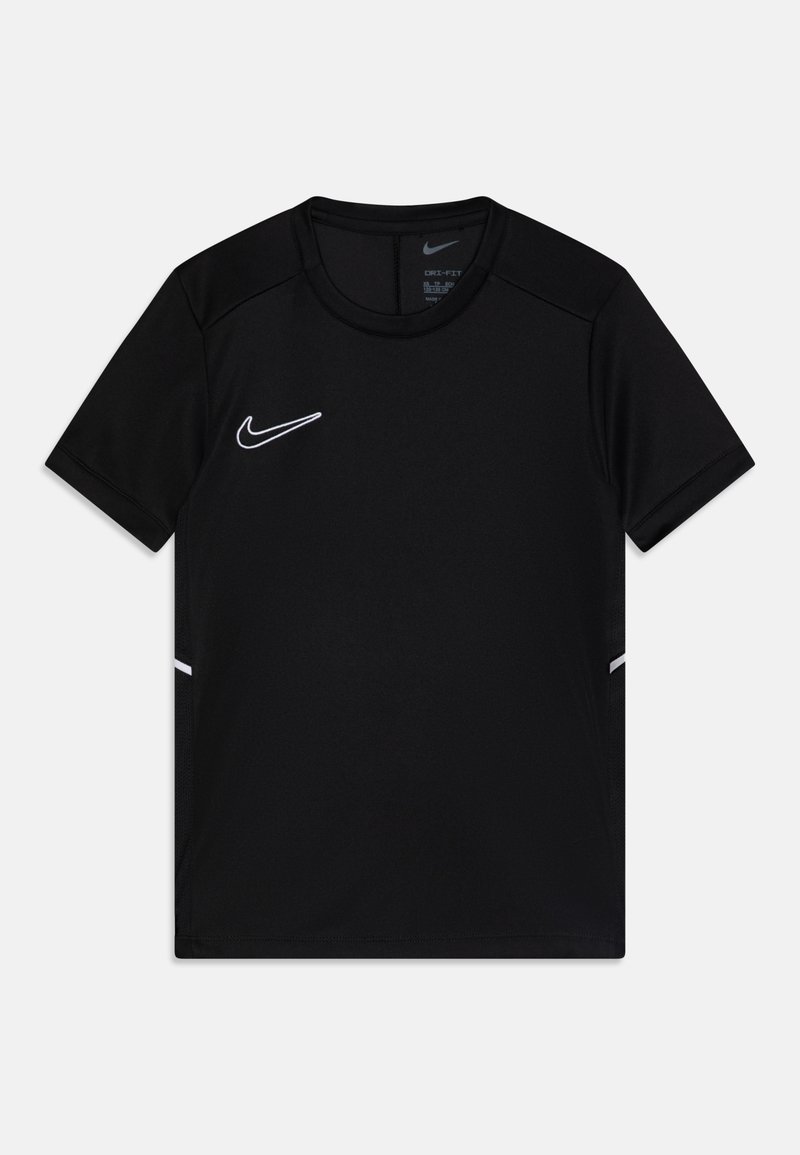 Čierne atletické tričko s krátkym rukávom od značky Nike, ktoré má okrúhly výstrih, svetlošedé logo na hornom hrudníku a biele bočné akcenty.