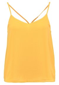 Camisola gialla senza maniche con sottili spalline, caratterizzata da una consistenza leggera e liscia e un orlo dritto. Design semplice senza motivi o accessori.