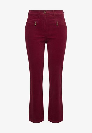 Pantaloni bordeaux a vestibilità slim, realizzati in morbido cotone. Presentano due tasche anteriori con zip e una chiusura frontale con bottone. Tessuto elasticizzato.