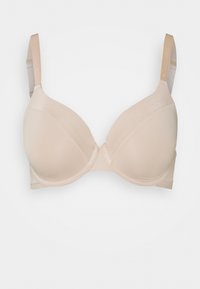 Beige polstret BH med glatt stoff, underwire støtte, justerbare stropper og sideåpning. Har en sømløs design for en naturlig form.