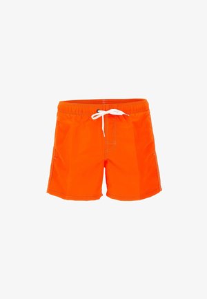 Pantaloni da bagno arancioni vivaci realizzati in tessuto leggero, con cintura elasticizzata e cordino bianco, e dettagli in cucitura bianca.