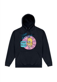 Felpa nera con cappuccio, con grafica di un personaggio dei cartoni animati in colori vivaci su uno sfondo circolare con testo in giapponese.