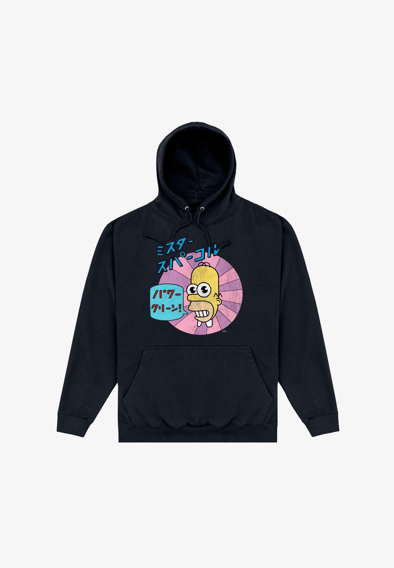 Felpa nera con cappuccio, con grafica di un personaggio dei cartoni animati in colori vivaci su uno sfondo circolare con testo in giapponese.