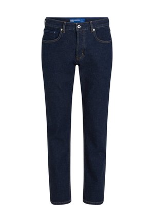 Jeans in denim blu scuro con taglio dritto, dotati di cinque tasche, chiusura con bottone e zip, e cuciture a contrasto.