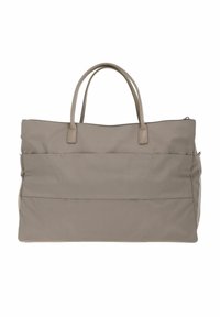 Borsa a tote in tessuto grigio con due manici robusti, una parte superiore con zip e una tasca frontale. Presenta linee pulite e una texture liscia.
