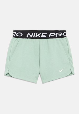 Lysegrønne atletikshorts med sort elastik i taljen med hvid teksten "NIKE PRO" og lille hvid Nike swoosh-logo på venstre ben.