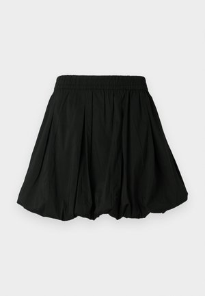 Černá sukně s elastickým pasem, s plisovaným designem. Materiál se zdá být lehký s hladkou strukturou.