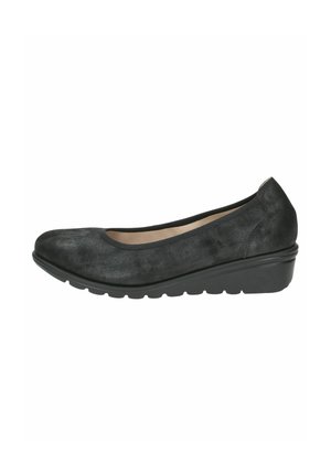 Black suede ballet flats with a rounded toe and a low wedge heel. Features a smooth texture and simple design, ideal for casual wear.