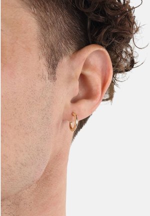 Goldene Creolen, klein und rund, mit einer glatten metallischen Oberfläche, am linken Ohr getragen. Hautton und Haarstruktur sind sichtbar.
