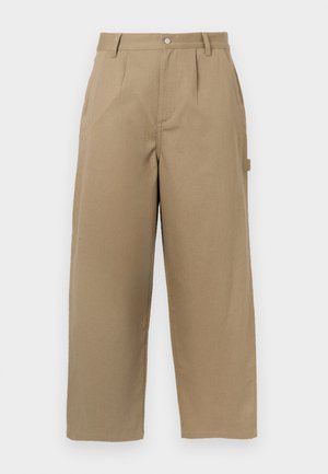 Beige weite Hose aus Baumwollmischung, mit hoher Taille, Frontfalten und zwei seitlichen Taschen mit Knopfverschluss.