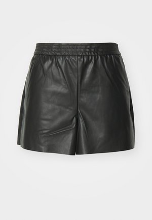 Melnas ādas šorti ar elastīgu jostu, pielāgotu dizainu un sānu izliekšanos, kas nodrošina papildu kustību un ventilāciju. Gluda tekstūra.