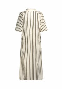 Abito a righe, lungo fino al ginocchio, di colore crema con righe verticali marroni. Presenta un colletto e maniche corte. Tessuto liscio.