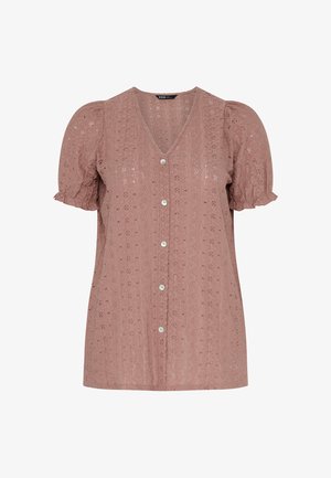 Stofroze eyelet kanten blouse met korte pofmouwen, V-hals en een rij witte knopen aan de voorkant.