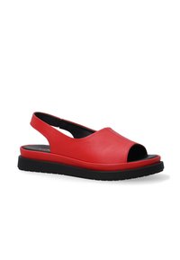 Red leather open-toe sandal with a slingback design, black outsole, and smooth texture. Features a contoured footbed for comfort.
