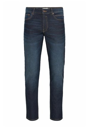 Dark blue denim jeans featuring a classic five-pocket design, straight leg fit, and contrasting yellow stitching along the seams.