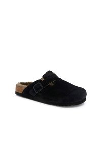 Sabot en suède noir avec doublure en fausse fourrure, sangle réglable et semelle en liège avec un fond en caoutchouc texturé pour une meilleure adhérence.