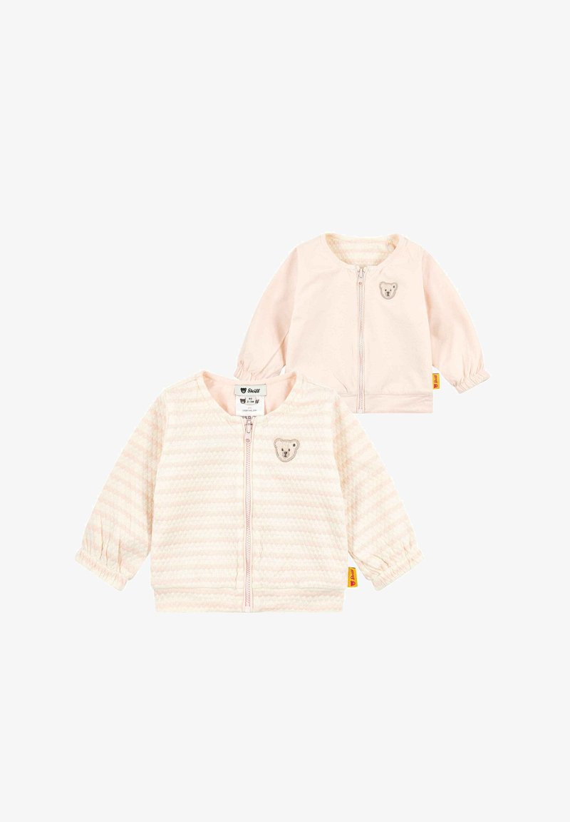 Deux vestes pour bébé rose clair avec fermeture éclair devant, poignets élastiques et petite broderie de visage d'ours sur la poitrine, montrées de face et de dos.