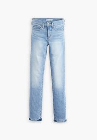 Ljusblå denimjeans med rak passform, subtila slitningar, fem fickor och en standardmidja med metallåtdragningar.